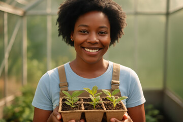 Smiling woman holding seedlings in biodegradable tray inside greenhouse, promoting sustainable gardening and eco friendly plant care