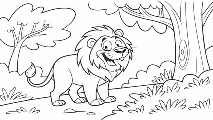 Vector Cartoon funny Lion, funny image in the forest, Coloring book page for children. Line Art isolated on white background