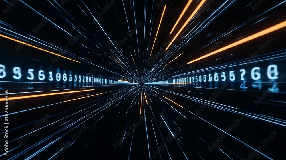 Poster digital tunnel perspective, with glowing lines and series of numbers on either side