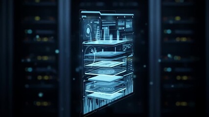 Data hologram shows server information within a dark, blurred server room background - Powered by Adobe