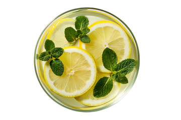 Top-Down View of Lemonade in Round Glass with Floating Lemon and Mint, Minimalist Composition, Isolated on Transparent Background