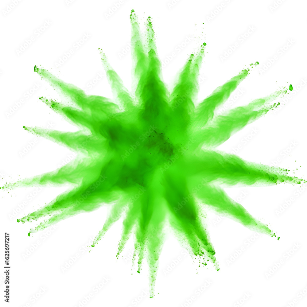 Poster green liquid explodes on black background, creating a starburst pattern with transparent effect