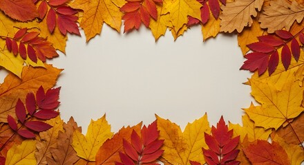 Obraz premium A frame of vibrant autumn foliage borders a smooth white space, suggesting fall textures.