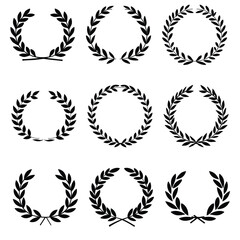 laurel, wreath, wreaths, laurel wreath, leaf, leaves, circle, circular, frame, border, award, achievement, honor, victory, winner, success, emblem, badge, icon, element, design element, silhouette, bl