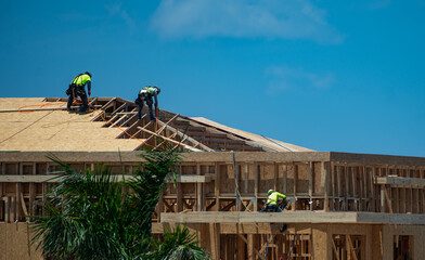 Roofer builder roofing on the roof structure.
