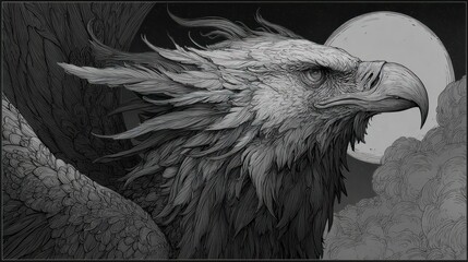 Detailed grayscale illustration of a mythical creature resembling an eagle