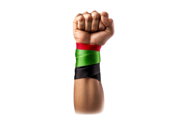 Fist raised with colorful bands of unity and strength