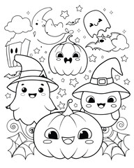 Halloween themed children's coloring book line art design with a clean, single-color background.