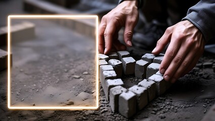 Conceptual image of teamwork and togetherness, featuring a person arranging rough stones into a heart shape on the ground with copy space for a message.