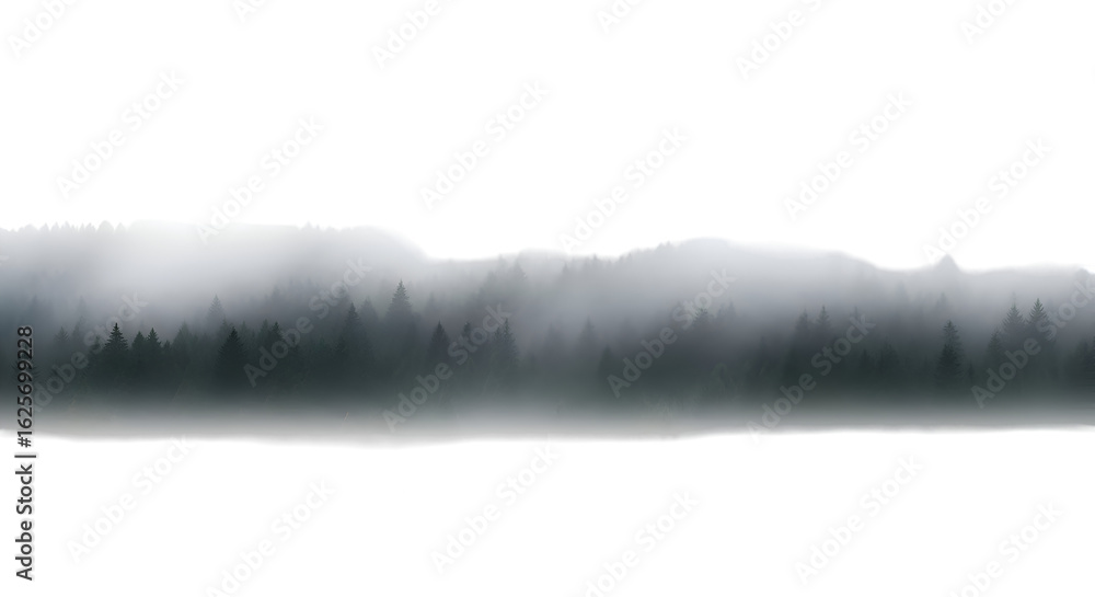 Poster misty forest landscape: coniferous trees shrouded in fog, creating a transparent background image id