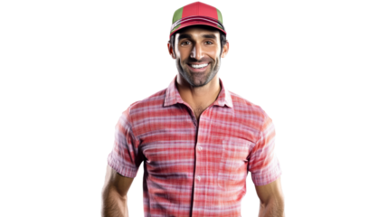 Smiling man in checkered shirt and colorful cap