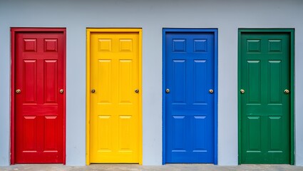 Four colorful, closed doors stand side-by-side against a neutral wall, a study in contrasting hues.