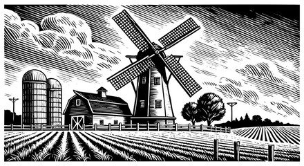 Dutch windmill in farmland sketch engraving black and white outline. Scratch board imitation.