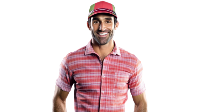 Smiling man in checkered shirt and colorful cap