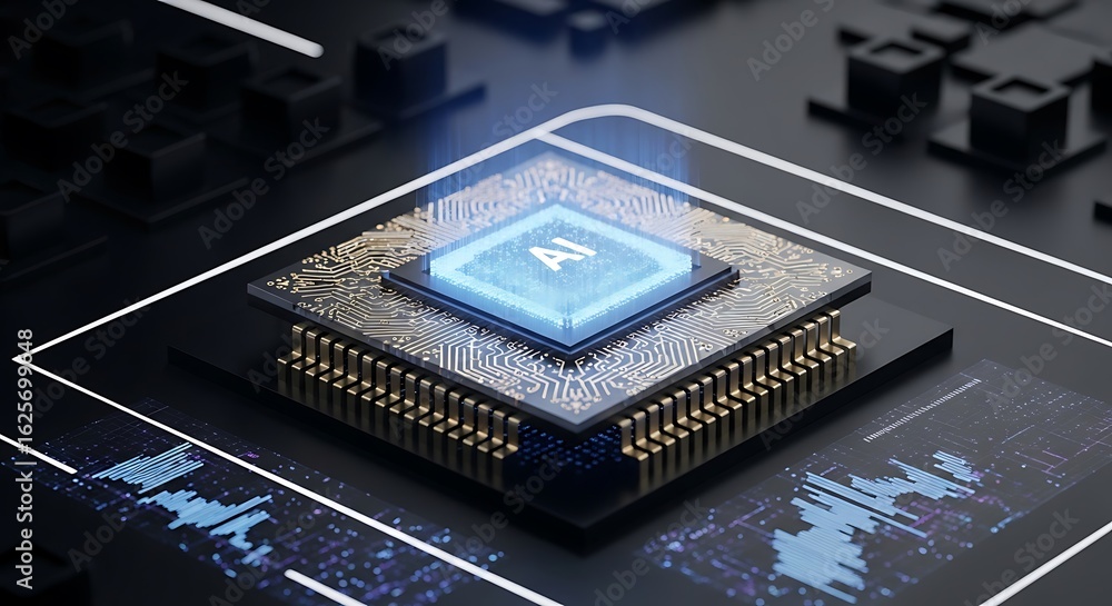 Aufkleber advanced ai microprocessor glowing with blue energy amidst data visualizations.