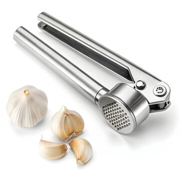 A durable stainless steel garlic press designed to crush garlic cloves easily,
