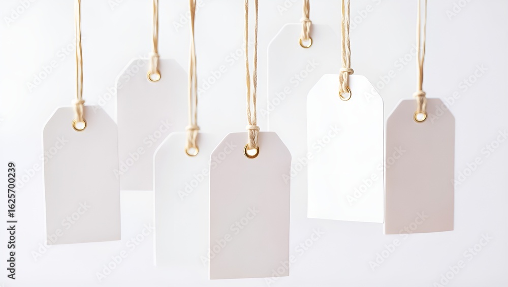 Poster several white paper tags hang vertically from tan twine, creating a clean and simple aesthetic.