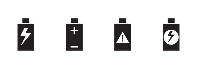 Battery symbols with fast charging, exclamation, low, plus, minus, tick and full charge signs. symbol charge battery icons art vector illustration. Battery Full charge indicator, low charge sign. 