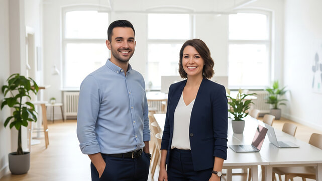 Smiling startup co-founders in bright modern minimalist office