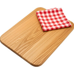 Wooden Cutting Board with Red Checkered Cloth Background, Ideal for Recipes and Culinary Projects, Shows Texture and Detail, Offers a Transparent Background for Easy Use in Designs.