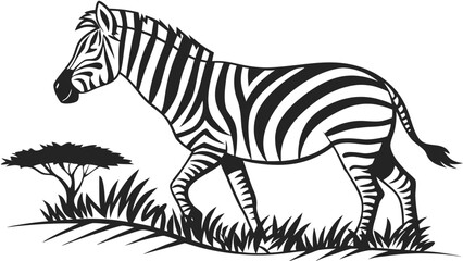 A zebra walking through tall grass near a tree in a black and white line drawing illustration style