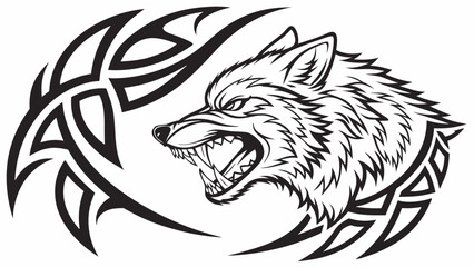 Fototapeta premium Illustration of an angry wolf head with sharp teeth surrounded by tribal tattoo elements design art