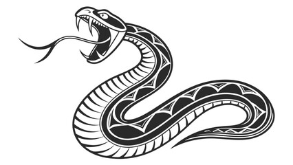 Stylized black and white snake with open mouth and tongue out in a striking design illustration
