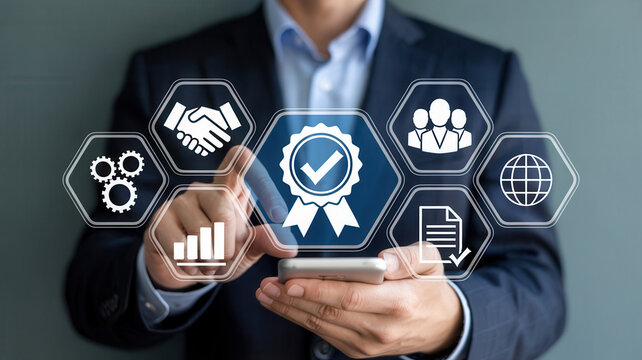 Businessman interacting with digital interface showcasing business success metrics, quality assurance, teamwork, global reach, and efficient processes