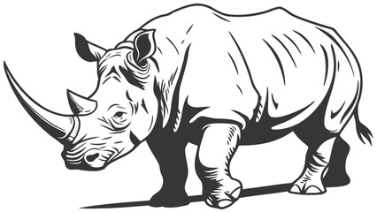 Fototapeta premium Illustration of a rhinoceros in black and white with detailed line work showing its strong build and horns