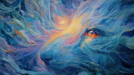 A mystical gaze, revealing eye, immersed in dreamlike swirling blues and golds