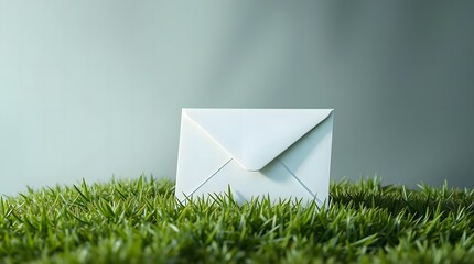 A single white mail envelope sitting on vibrant green grass, representing new correspondence or an upcoming announcement.