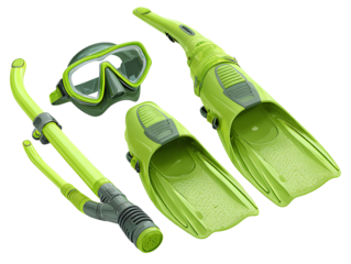 Green diving equipment set with flippers, mask, and snorkel, isolated on a transparent background