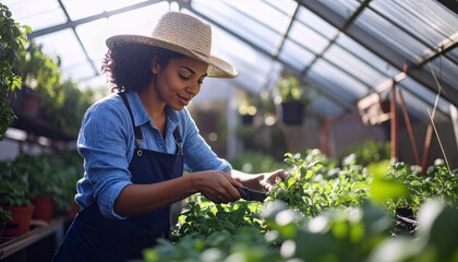 Obraz premium Mujer jardinera usando tablet en invernadero