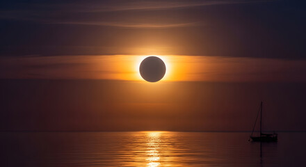 Majestic Total Solar Eclipse Over Serene Ocean with Sailboat Silhouette at Sunset