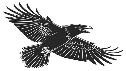 Fototapeta premium A black raven in flight with its wings spread wide and its beak open against a white background