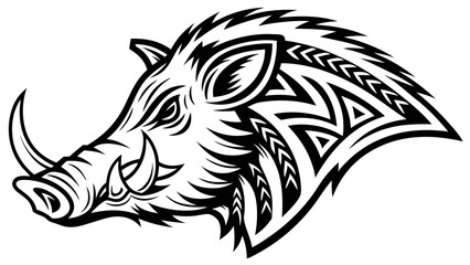 Obraz premium Illustration of a black and white boar head with tribal patterns and sharp tusks in detailed design