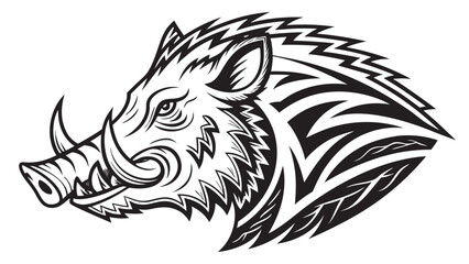 Obraz premium Illustration of a stylized boar head with tusks and tribal design elements in black and white