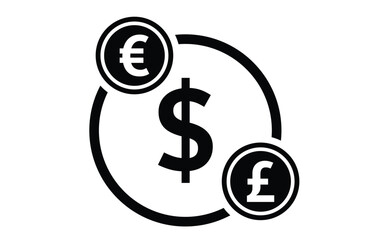 Global currency exchange illustration with dollar, euro, pound.