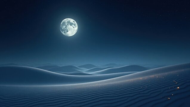 Desert landscape under a luminous moonlit sky.