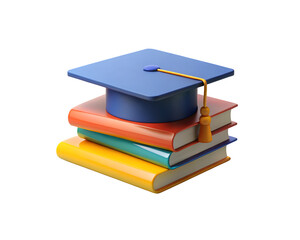 3d stack of books with graduation cap on transparent background.