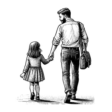 Father holding daughter hand sketch  engraving black and white outline. Scratch board imitation.  illustrated in vintage line art style on a white background.