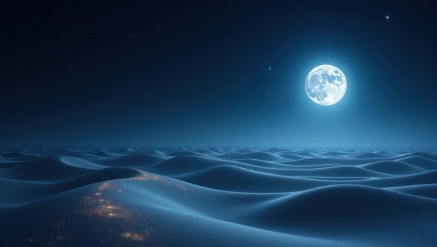 A vast, desolate desert landscape under a luminous full moon. - Powered by Adobe