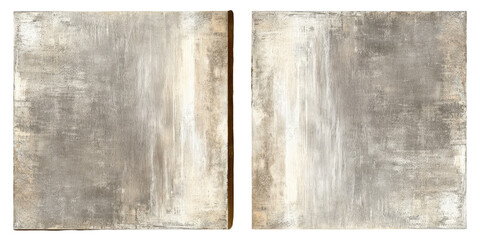 Two panels of abstract art, featuring a muted palette of grays and whites, with vertical striations and subtle texture