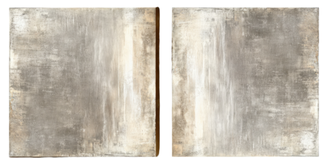 Two panels of abstract art, featuring a muted palette of grays and whites, with vertical striations and subtle texture