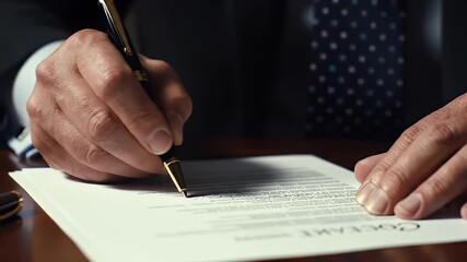Man signs document with a gold pen. Dark suit, polka dot tie, formal setting