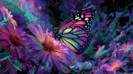 Psychedelic artwork of a butterfly perched on purple flowers in a vibrant, colorful setting