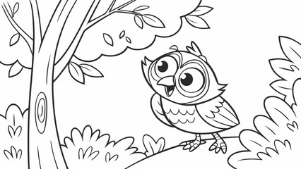 Vector Cartoon funny Owl, funny image in the forest, Coloring book page for children. Line Art isolated on white background