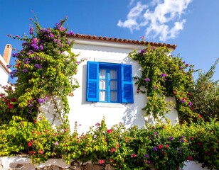 Obraz premium Blue Window with White House, and Flowers.