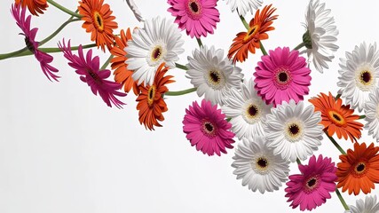Cascade neon pink tangerine ivory gerberas tumbles mid air petals fluttering freely against white cyclorama capturing joyous freshness ultra slow motion - Powered by Adobe