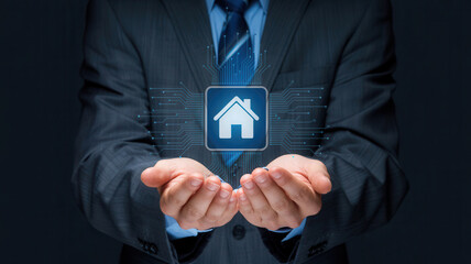 Confident businessman presents innovative smart home technology concept with glowing circuit pathways connecting to a digital house icon